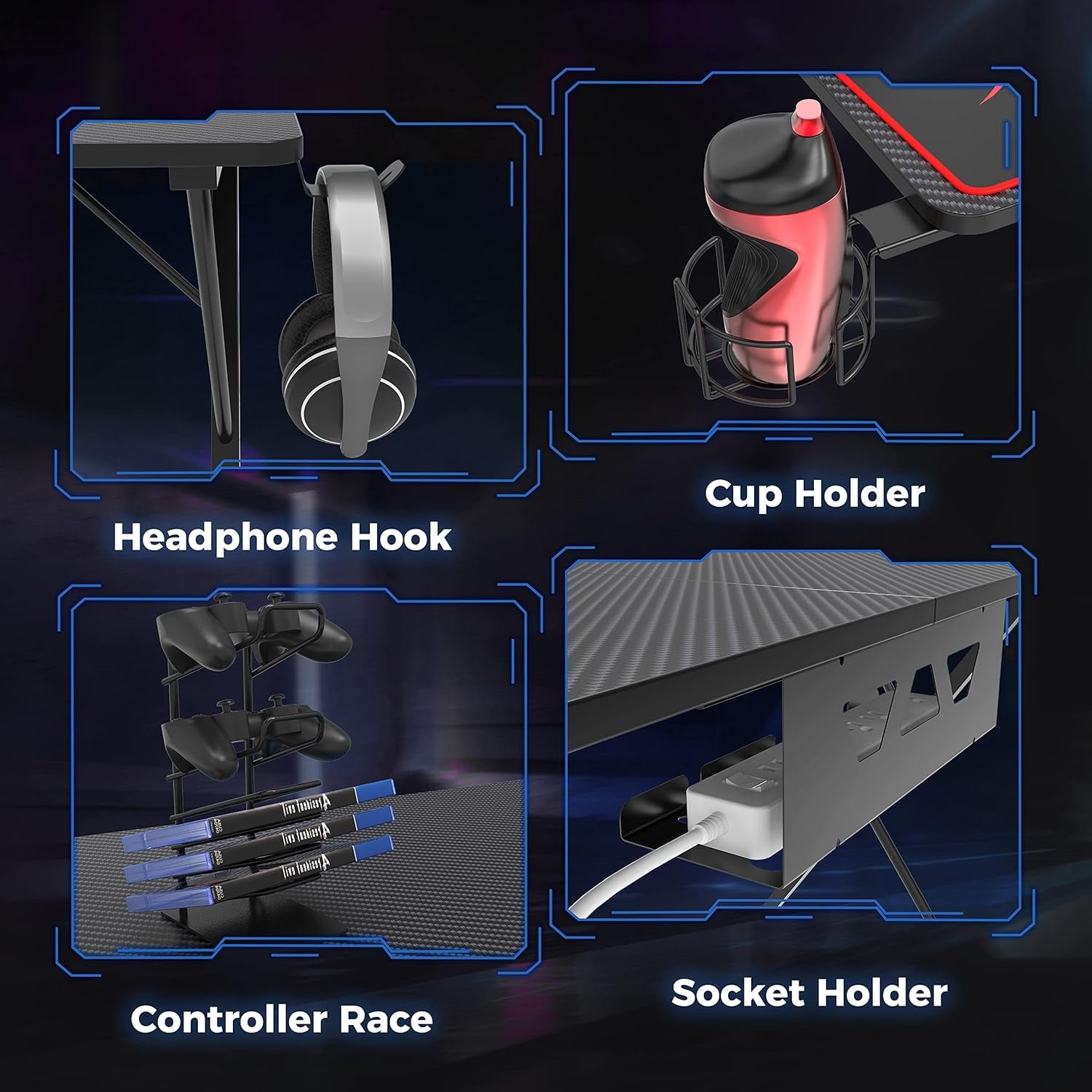 Gaming Desk 55 Inch,Pc Gaming Table, X Shaped Gaming Computer Desk with Mouse Pad, Carbon Fiber Home Office Gamer Desk with Cup Holder & Headphone Hook & Controller Stand,Black