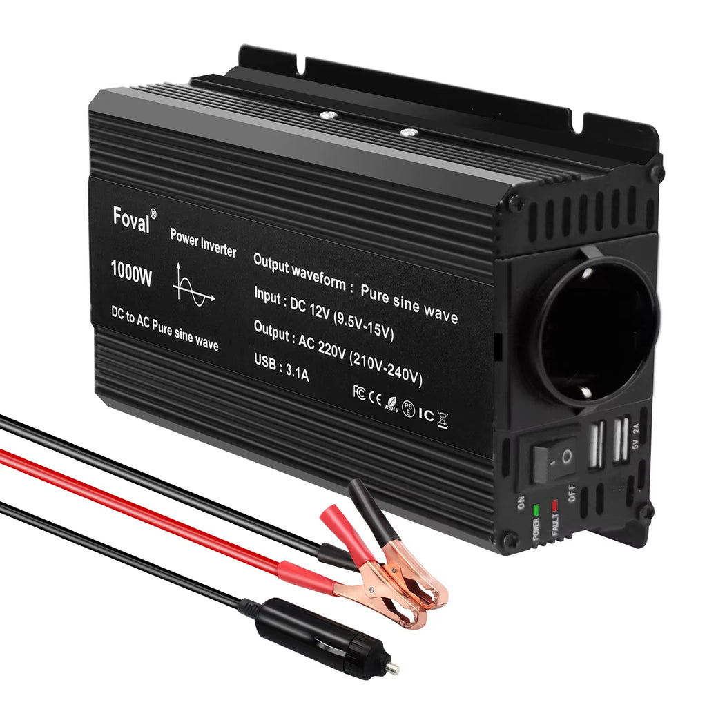 Pure Sine Wave 1000W 1500W 2200W 2600W DC 12V to AC 220V Car Power Inverter Adapter Converter with 3.1A Dual USB Eu/Universal