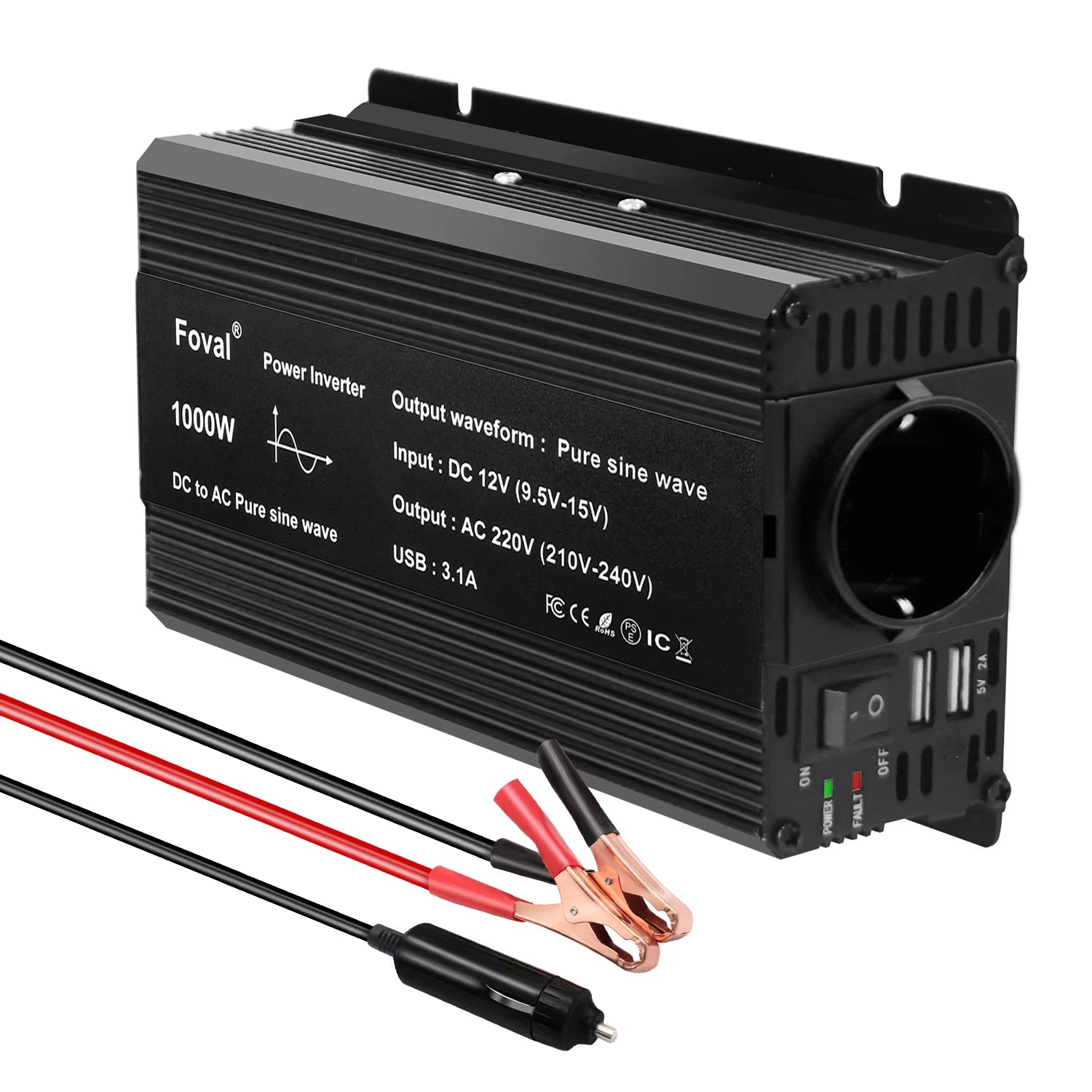 Pure Sine Wave 1000W 1500W 2200W 2600W DC 12V to AC 220V Car Power Inverter Adapter Converter with 3.1A Dual USB Eu/Universal