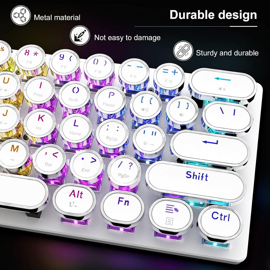 60% Mechanical Keyboard, Gaming Keyboard for PC, Wired Mini White Keyboaed Compact RGB LED Backlit, Retro Computer Keyboard Typewriter Style round Keycap for PC Gamer/Office, 61 Keys
